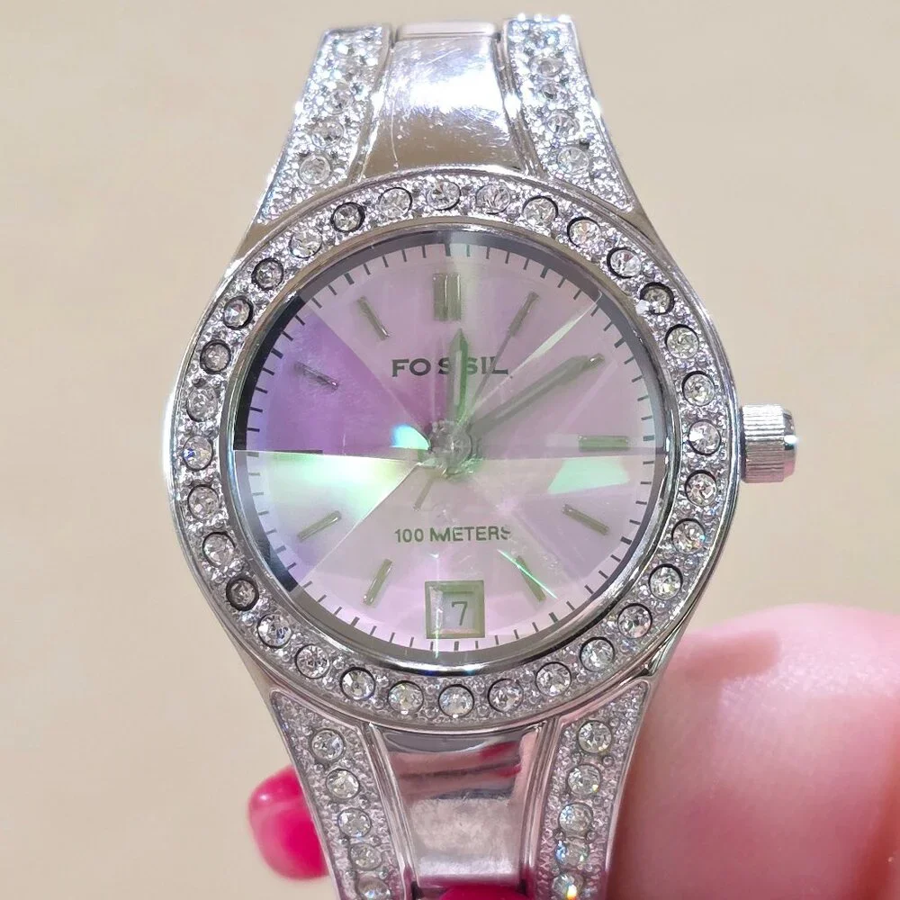 FOSSIL BLUE Pink Dial Rivoli Crystal 100M Quartz Watch Jeweled Bezel Band AM4026